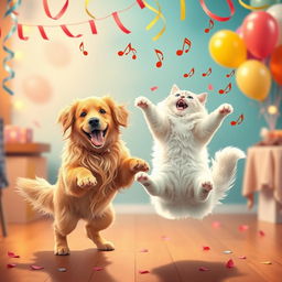 A joyful scene of a dog and a cat dancing together in a lively setting, with a colorful backdrop of a festive party
