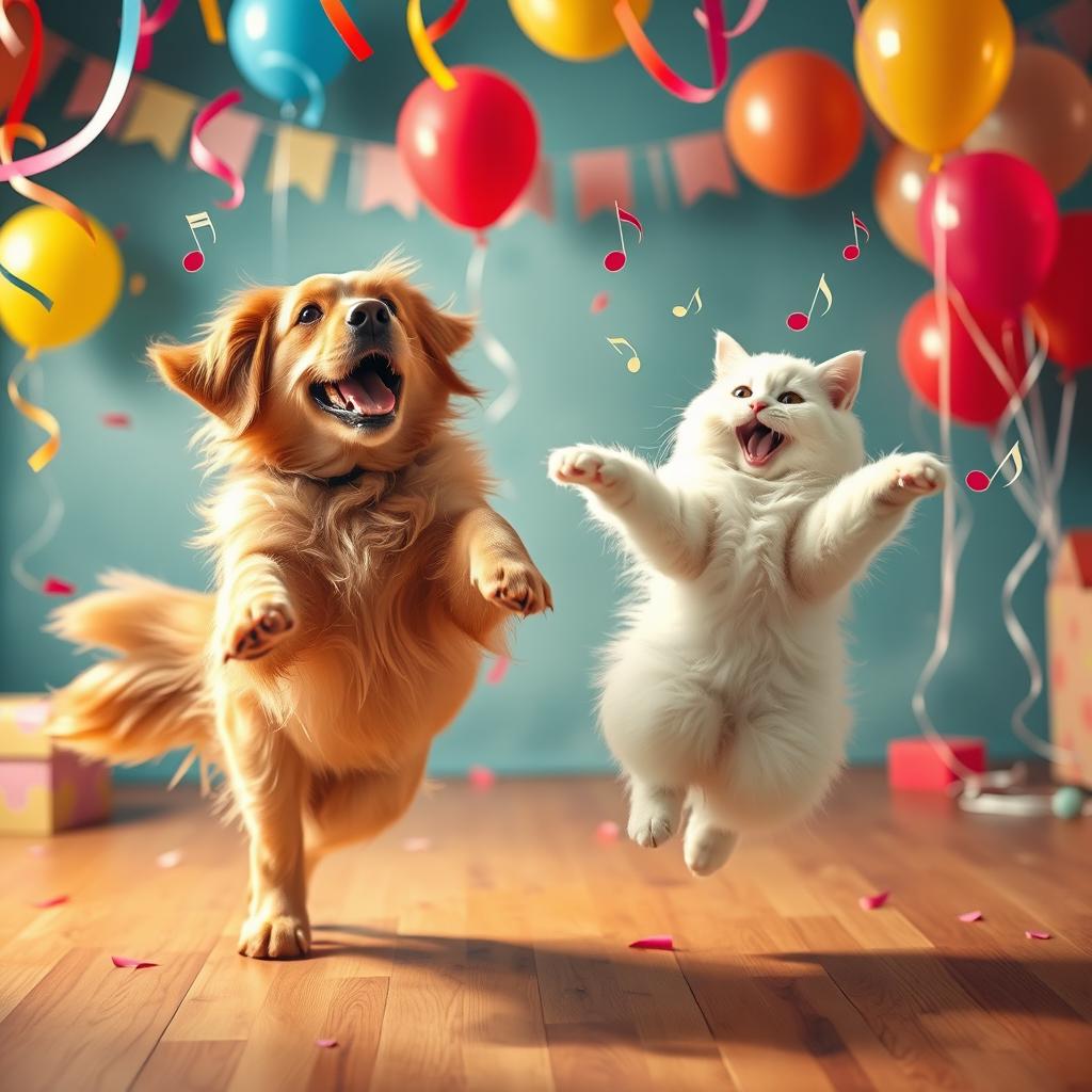 A joyful scene of a dog and a cat dancing together in a lively setting, with a colorful backdrop of a festive party