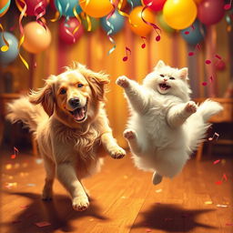 A joyful scene of a dog and a cat dancing together in a lively setting, with a colorful backdrop of a festive party
