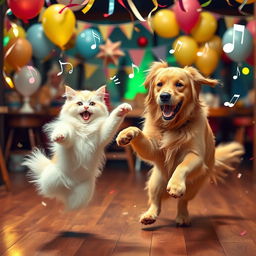 A joyful scene of a dog and a cat dancing together in a lively setting, with a colorful backdrop of a festive party