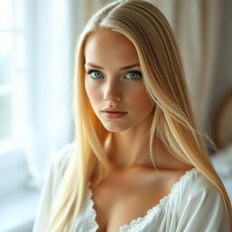 A beautiful young woman with striking blue eyes and long, straight, silky blonde hair, dressed in an elegant white nightgown