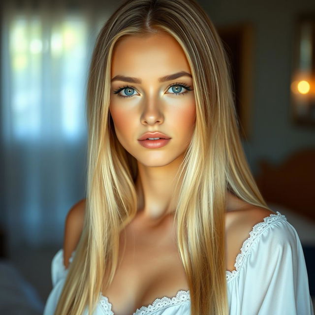 A beautiful young woman with striking blue eyes and long, straight, silky blonde hair, dressed in an elegant white nightgown