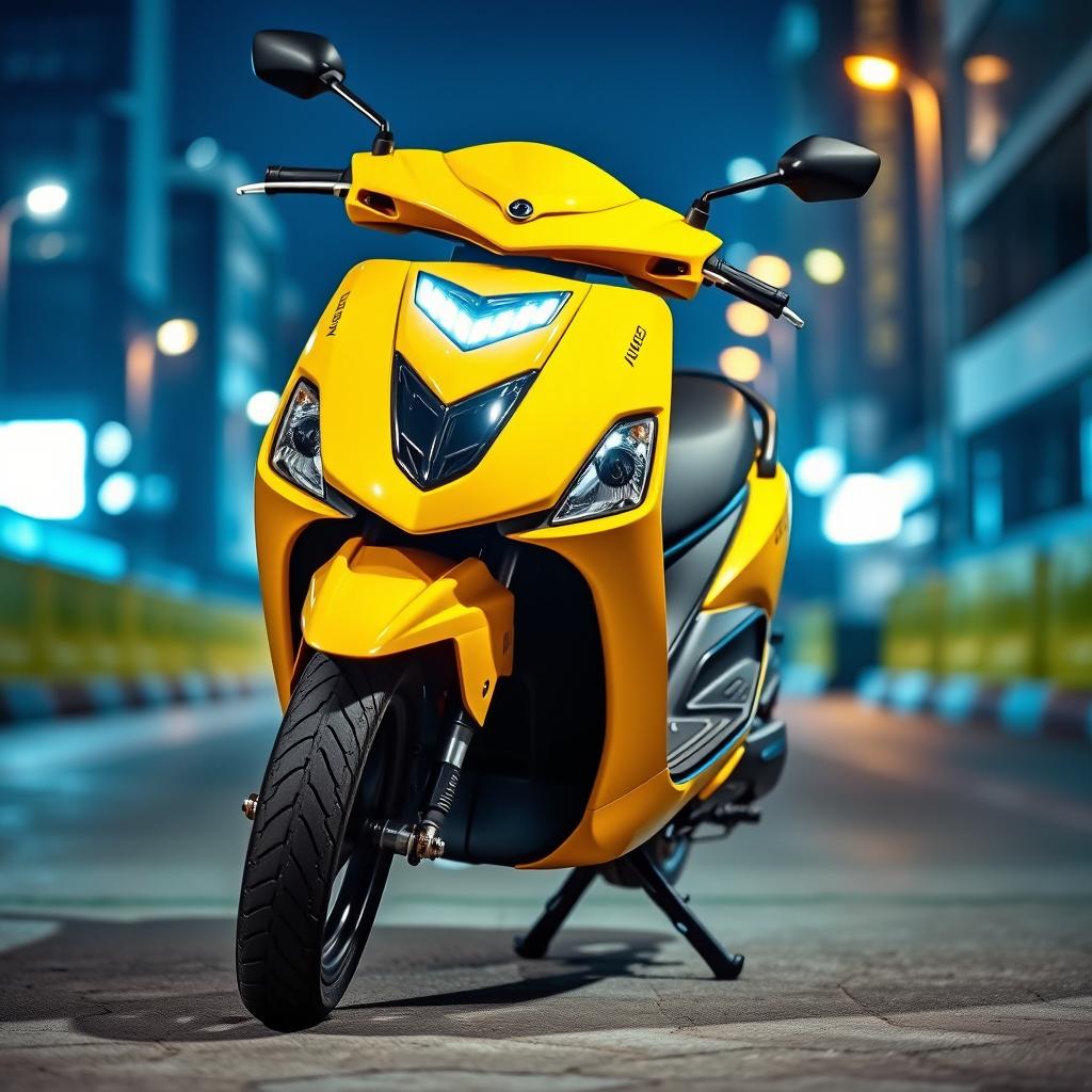 A striking image of a modified Mio M3 scooter in vibrant yellow, featuring the front fairing removed to showcase its sporty design
