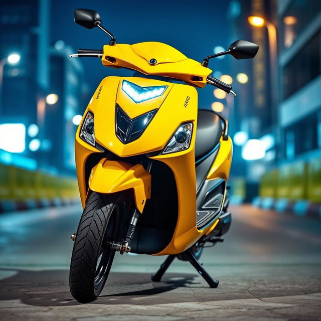 A striking image of a modified Mio M3 scooter in vibrant yellow, featuring the front fairing removed to showcase its sporty design