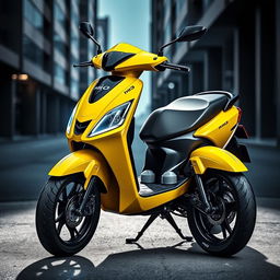 A striking image of a modified Mio M3 scooter in vibrant yellow, featuring the front fairing removed to showcase its sporty design