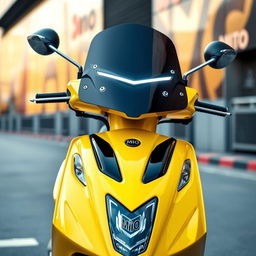 A striking image of a modified Mio M3 scooter in vibrant yellow, featuring the front fairing removed to showcase its sporty design