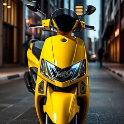 A striking image of a modified Mio M3 scooter in vibrant yellow, featuring the front fairing removed to showcase its sporty design