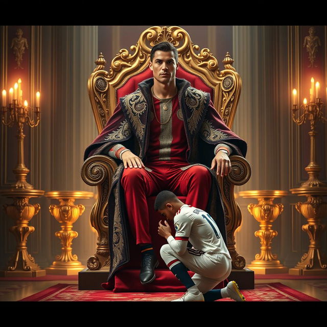 A dramatic scene depicting Cristiano Ronaldo seated majestically on a luxurious throne, exuding an aura of royalty and power