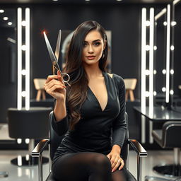 A hairdresser with a sleek black outfit, sitting gracefully on a stylish chair in a chic salon with a black-themed decor