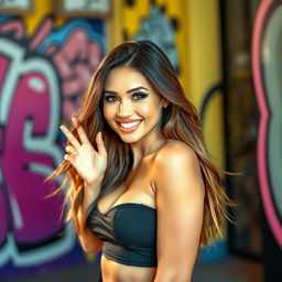 A beautiful and confident woman exuding a playful and flirtatious vibe, dressed in a stylish and form-fitting outfit that accentuates her curves