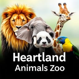 A stunning YouTube channel profile photo for 'Heartland Animals Zoo' featuring high-quality, real photographs of iconic animals: a majestic lion, a gentle elephant, a tall giraffe, a cute panda, and a colorful bird