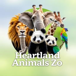 A stunning YouTube channel profile photo for 'Heartland Animals Zoo' featuring high-quality, real photographs of iconic animals: a majestic lion, a gentle elephant, a tall giraffe, a cute panda, and a colorful bird