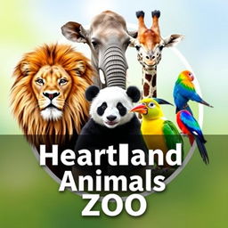 A stunning YouTube channel profile photo for 'Heartland Animals Zoo' featuring high-quality, real photographs of iconic animals: a majestic lion, a gentle elephant, a tall giraffe, a cute panda, and a colorful bird