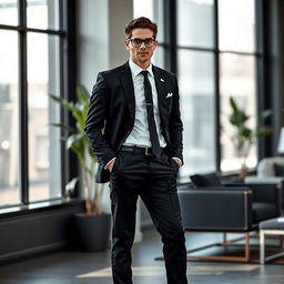 A stylish individual wearing a sleek black professional suit, complete with a well-fitted blazer, tailored trousers, and a crisp white dress shirt underneath