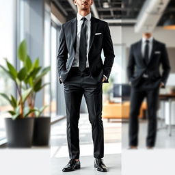 A stylish individual wearing a sleek black professional suit, complete with a well-fitted blazer, tailored trousers, and a crisp white dress shirt underneath