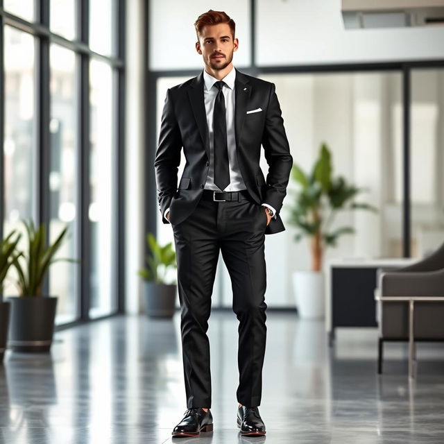 A stylish individual wearing a sleek black professional suit, complete with a well-fitted blazer, tailored trousers, and a crisp white dress shirt underneath