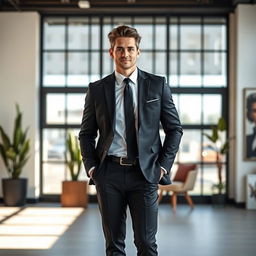 A stylish individual wearing a sleek black professional suit, featuring a well-tailored blazer, perfectly fitted trousers, and a crisp white dress shirt underneath