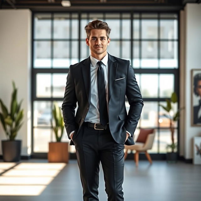 A stylish individual wearing a sleek black professional suit, featuring a well-tailored blazer, perfectly fitted trousers, and a crisp white dress shirt underneath