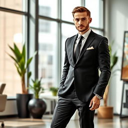 A stylish individual wearing a sleek black professional suit, featuring a well-tailored blazer, perfectly fitted trousers, and a crisp white dress shirt underneath