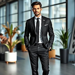 A stylish individual wearing a sleek black professional suit, featuring a well-tailored blazer, perfectly fitted trousers, and a crisp white dress shirt underneath