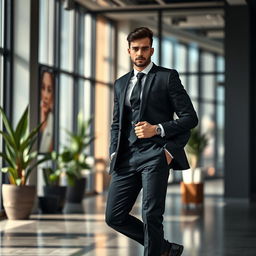 A stylish individual wearing a sleek black professional suit, featuring a well-tailored blazer, perfectly fitted trousers, and a crisp white dress shirt underneath