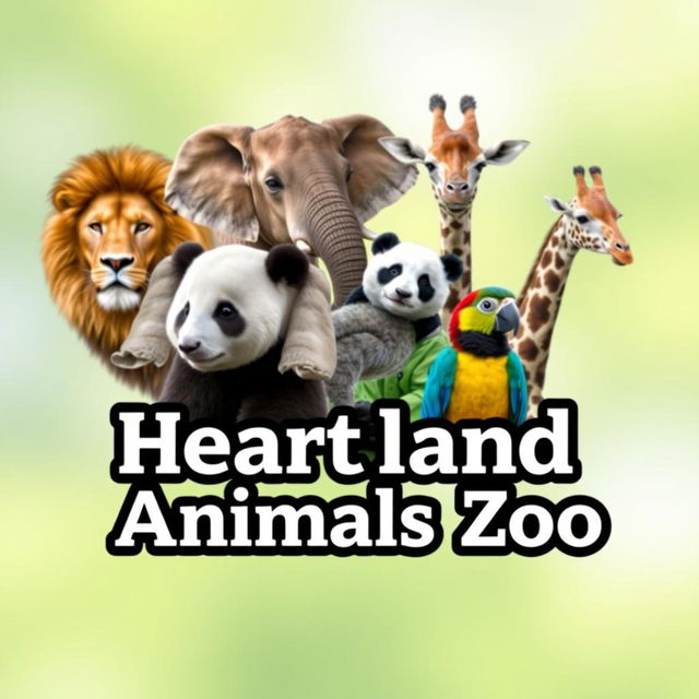 A stunning YouTube channel profile photo for 'Heartland Animals Zoo' featuring high-quality, real photographs of iconic animals: a majestic lion, a grand elephant, a tall giraffe, an adorable panda, and a colorful bird