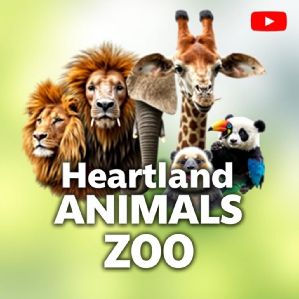 A stunning YouTube channel profile photo for 'Heartland Animals Zoo' featuring high-quality, real photographs of iconic animals: a majestic lion, a grand elephant, a tall giraffe, an adorable panda, and a colorful bird