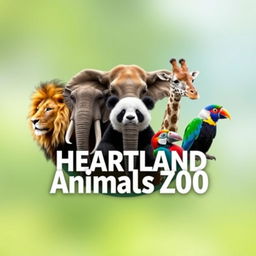 A stunning YouTube channel profile photo for 'Heartland Animals Zoo' featuring high-quality, real photographs of iconic animals: a majestic lion, a grand elephant, a tall giraffe, an adorable panda, and a colorful bird