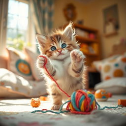 A playful kitten with fluffy fur and bright, curious eyes, playfully batting at a colorful ball of yarn in a sunlit room filled with soft cushions and warm sunlight streaming through a window