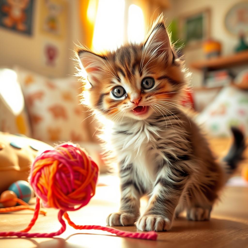 A playful kitten with fluffy fur and bright, curious eyes, playfully batting at a colorful ball of yarn in a sunlit room filled with soft cushions and warm sunlight streaming through a window