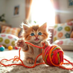 A playful kitten with fluffy fur and bright, curious eyes, playfully batting at a colorful ball of yarn in a sunlit room filled with soft cushions and warm sunlight streaming through a window