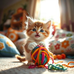 A playful kitten with fluffy fur and bright, curious eyes, playfully batting at a colorful ball of yarn in a sunlit room filled with soft cushions and warm sunlight streaming through a window