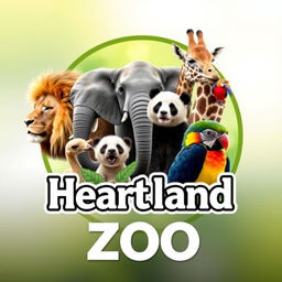 A stunning YouTube channel profile photo for 'Heartland Animals Zoo', featuring real high-quality photographs of iconic animals such as a lion, elephant, giraffe, panda, and a colorful bird