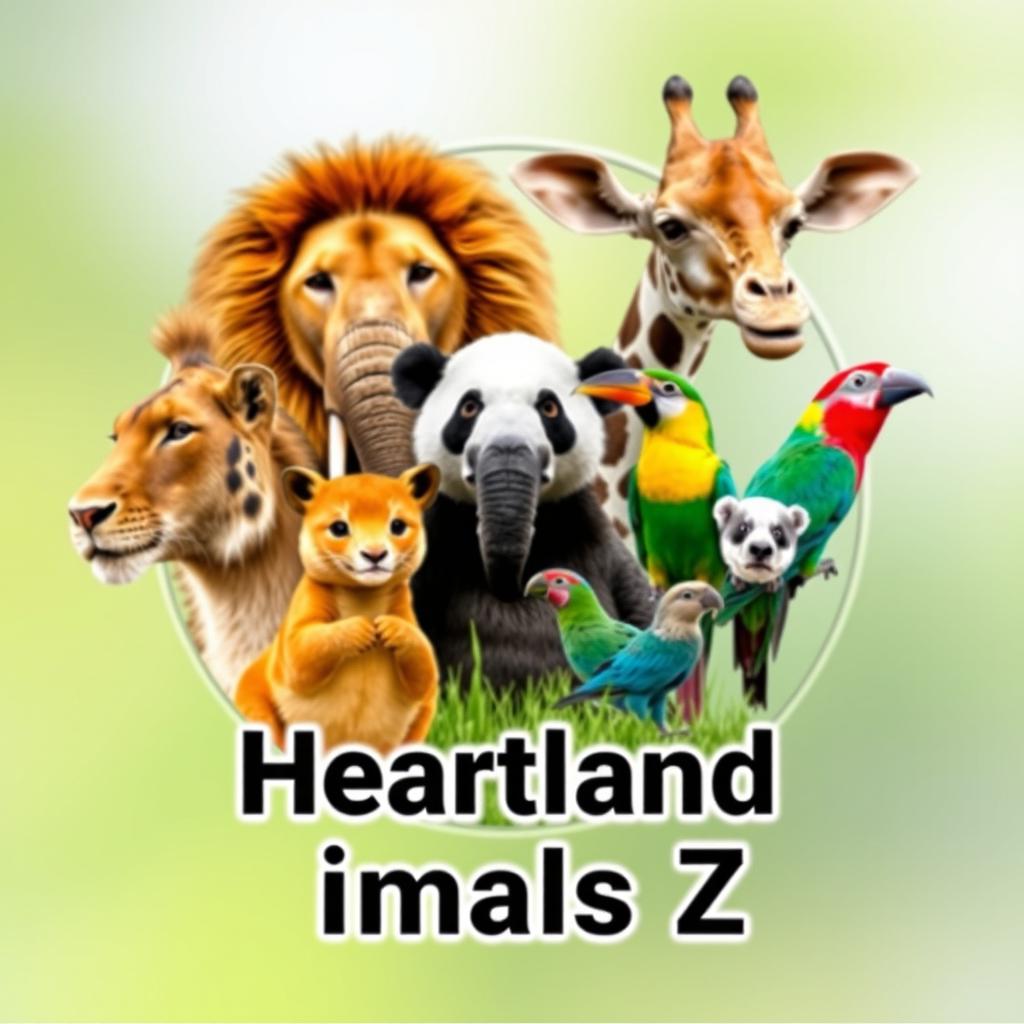 A stunning YouTube channel profile photo for 'Heartland Animals Zoo', featuring real high-quality photographs of iconic animals such as a lion, elephant, giraffe, panda, and a colorful bird