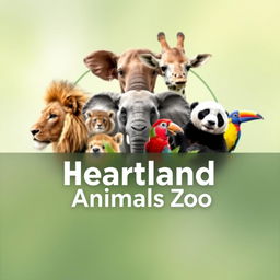 A stunning YouTube channel profile photo for 'Heartland Animals Zoo', featuring real high-quality photographs of iconic animals such as a lion, elephant, giraffe, panda, and a colorful bird