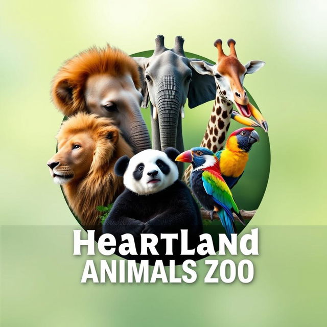 A stunning YouTube channel profile photo for 'Heartland Animals Zoo', featuring real high-quality photographs of iconic animals such as a lion, elephant, giraffe, panda, and a colorful bird