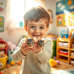 A child holding a small, playful mouse in a cozy, colorful room filled with toys and books