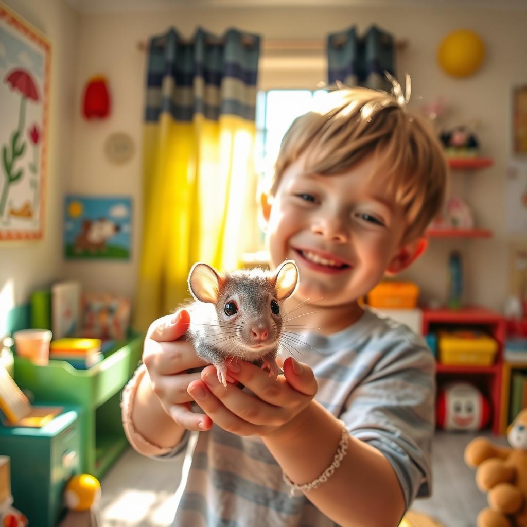 A child holding a small, playful mouse in a cozy, colorful room filled with toys and books