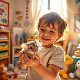 A child holding a small, playful mouse in a cozy, colorful room filled with toys and books