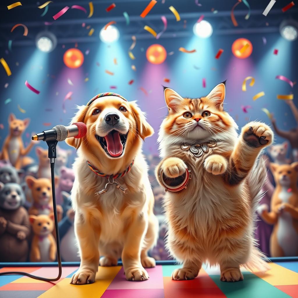 A whimsical scene featuring a joyful dog and a playful cat, both standing on a colorful stage