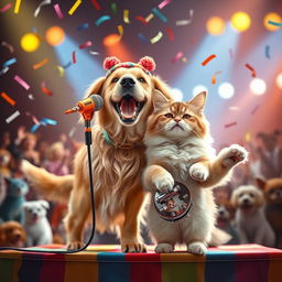 A whimsical scene featuring a joyful dog and a playful cat, both standing on a colorful stage
