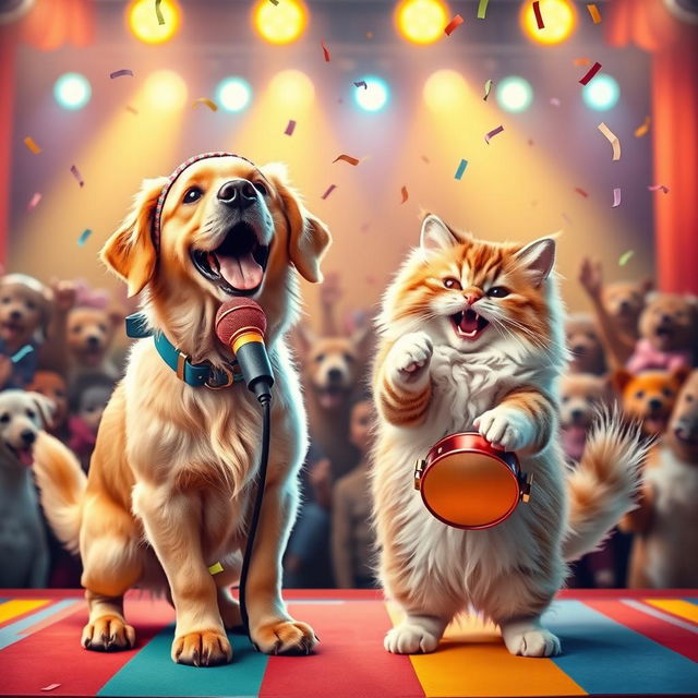 A whimsical scene featuring a joyful dog and a playful cat, both standing on a colorful stage