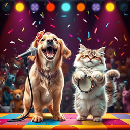 A whimsical scene featuring a joyful dog and a playful cat, both standing on a colorful stage