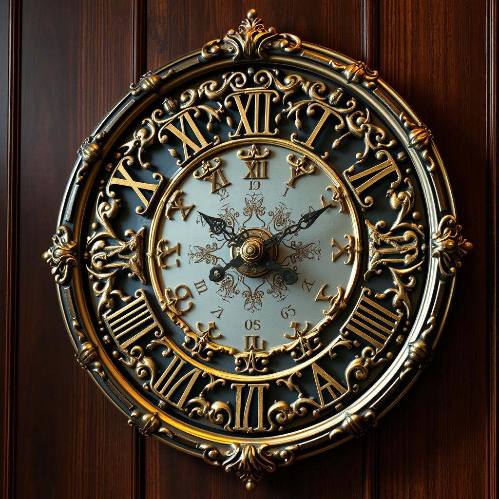 A beautifully designed wall clock featuring an elegant combination of gold, silver, and bronze elements