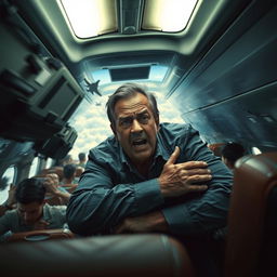 A dramatic scene depicting a human figure inside an airplane experiencing turbulence, as the aircraft appears to be in free fall