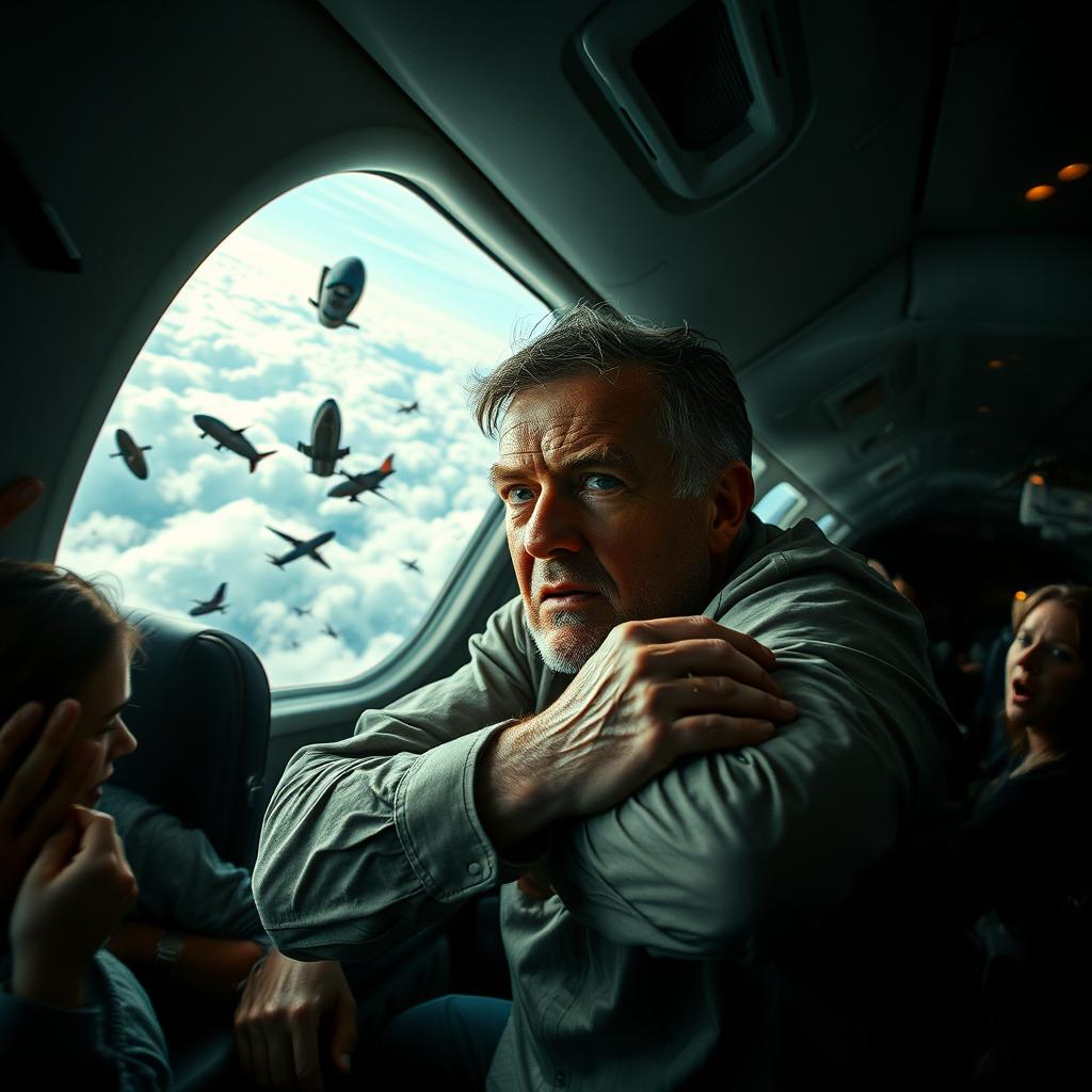 A dramatic scene depicting a human figure inside an airplane experiencing turbulence, as the aircraft appears to be in free fall