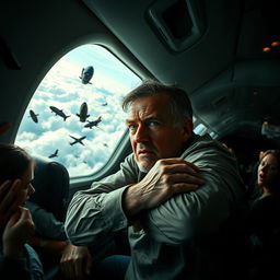A dramatic scene depicting a human figure inside an airplane experiencing turbulence, as the aircraft appears to be in free fall