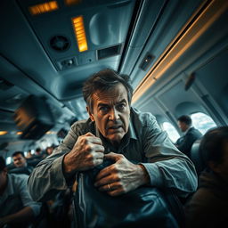 A dramatic scene depicting a human figure inside an airplane experiencing turbulence, as the aircraft appears to be in free fall