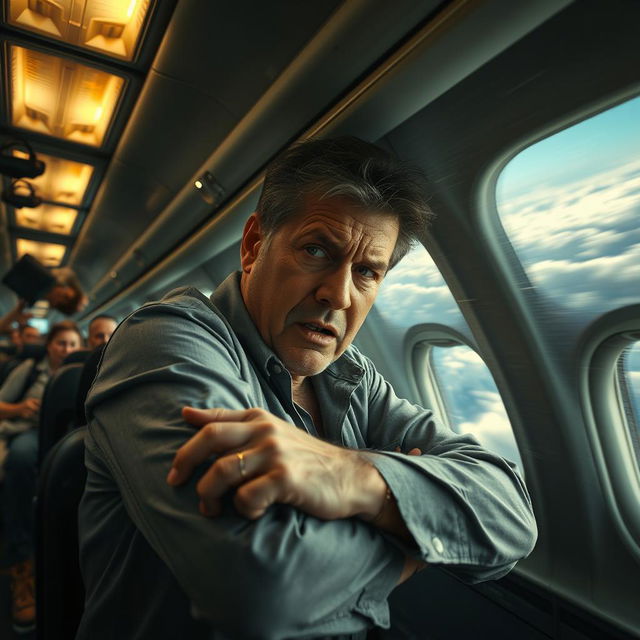 A dramatic scene depicting a human figure inside an airplane experiencing turbulence, as the aircraft appears to be in free fall