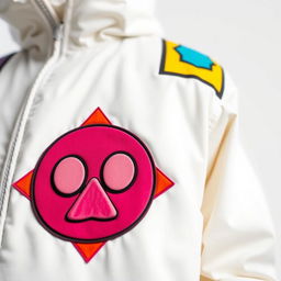 A close-up view of a Squid Game-themed jacket featuring a distinctive graphic face design on the front
